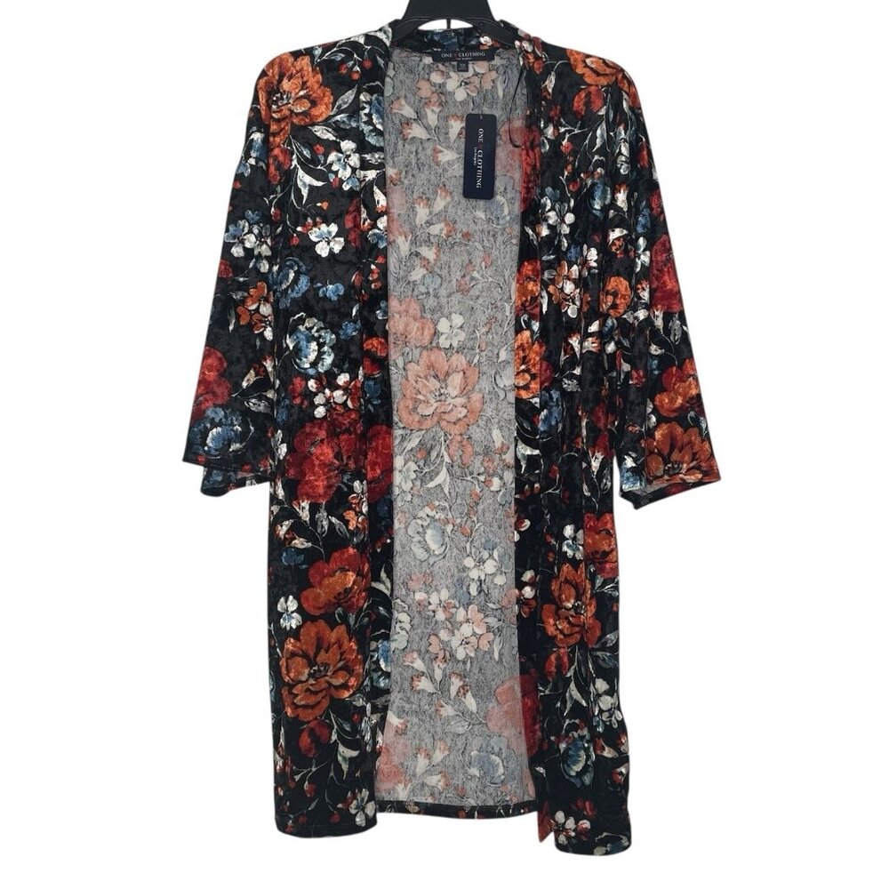 One Clothing Womens Duster Cardigan XS Floral Crushed Velvet 3/4 Sleeve NWT